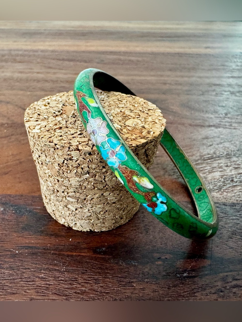 Vintage Green Brass Floral Design Cloisonne Enamel Skinny Bangle Bracelet Asia